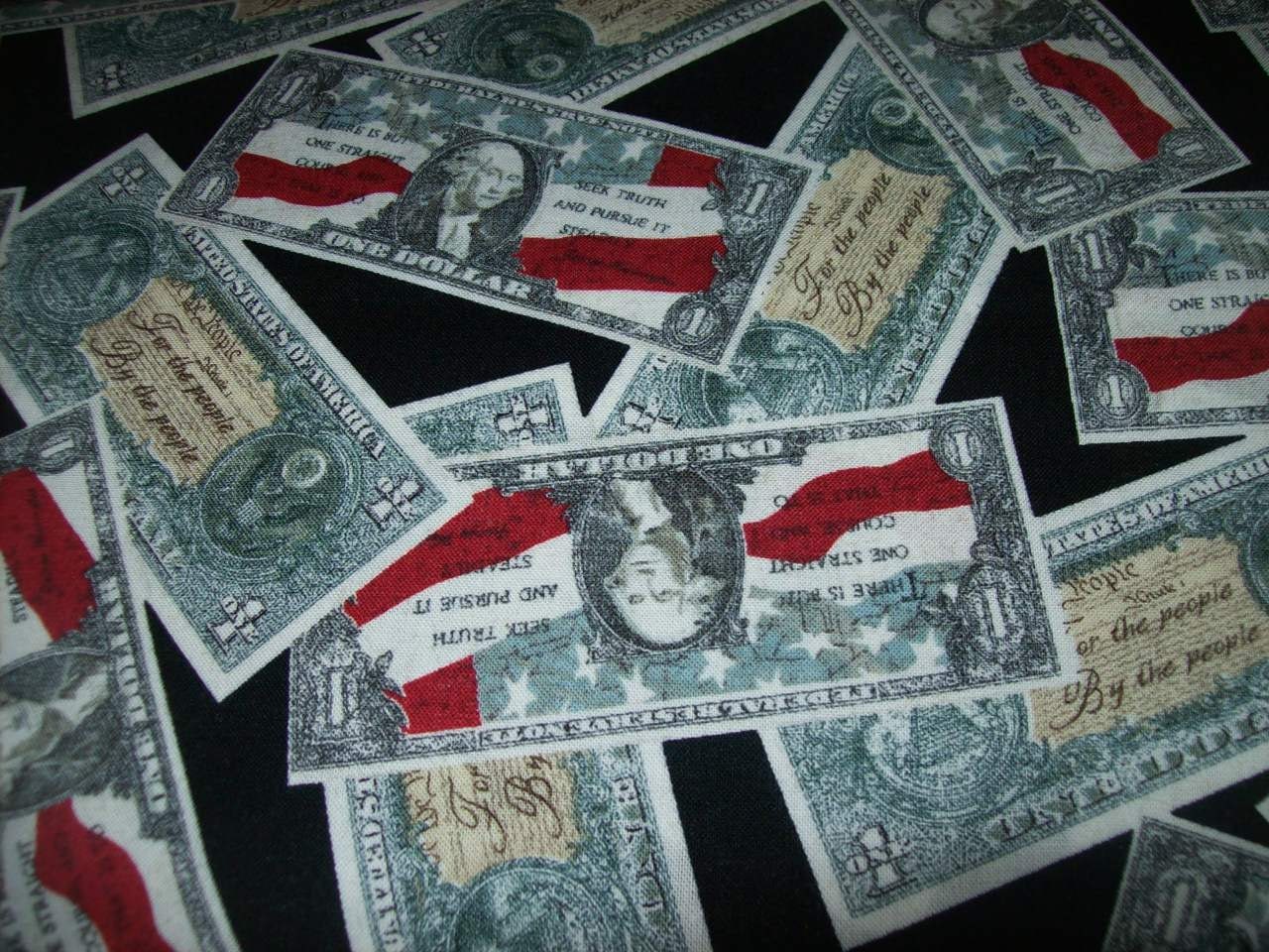 Tossed Patriotic Money Fabric Novelty Print Dollar Bills