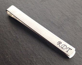 Tie bar, Custom Handstamped tie clip- Mens Gift tie bar - Gift for Him- Grooms Groomsman Gift Fathers Day, regular monogram