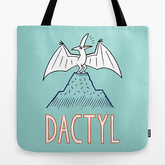 DACTYL - Dinosaur - Pterodactyl - Light Green - Tote Bag - Book Bag Record bag - 18" x 18"