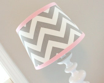 Small White Gray Chevron lamp shade with accent Pink.