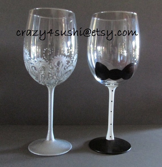 Bride and Groom Black Tie and Lace Wine Glasses Hand Painted