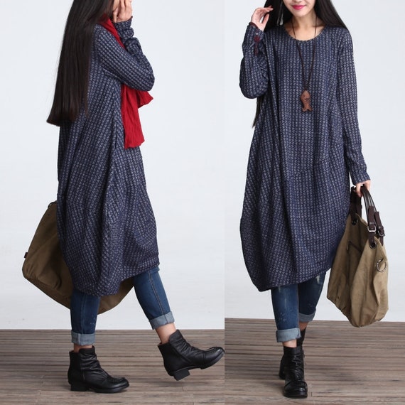 Casual Loose Fitting Long Sleeved Cotton Blend Long Dress