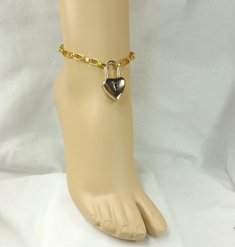bdsm Locking Ankle Bracelet Gold Heart Lock mature by PinchtheMuse