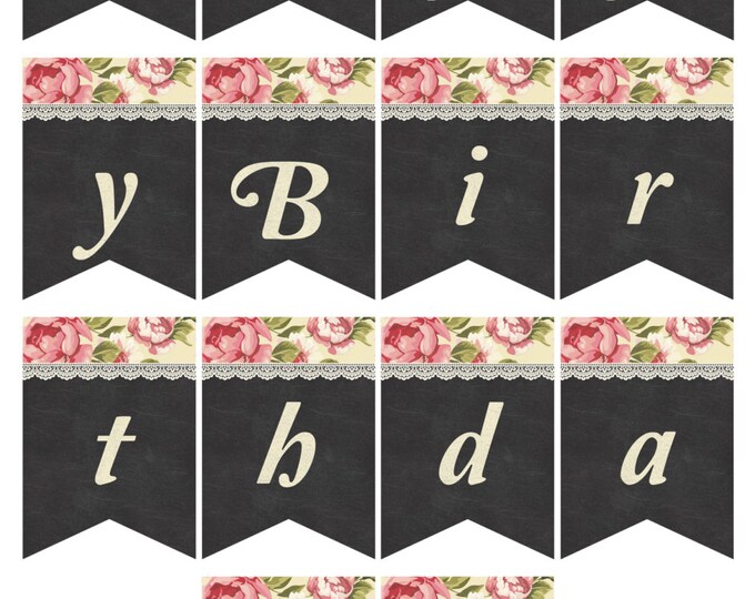 Shabby Chic Chalkboard Happy Birthday Banner, Instant Download, DIY, Print your own