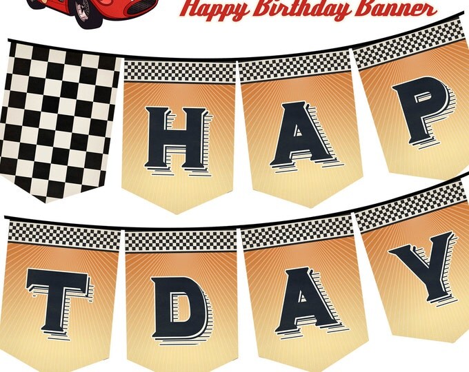 Vintage Retro Race Car Happy Birthday Banner, Bunting, Pennant, Print your own, DIY, Instant Download