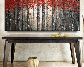 Painting Huge 72 x 30 Custom Oil Impasto Original Texture Modern Tree Birch Fall Red Beige Gray White Sculpture Knife Painting by Je Hlobik