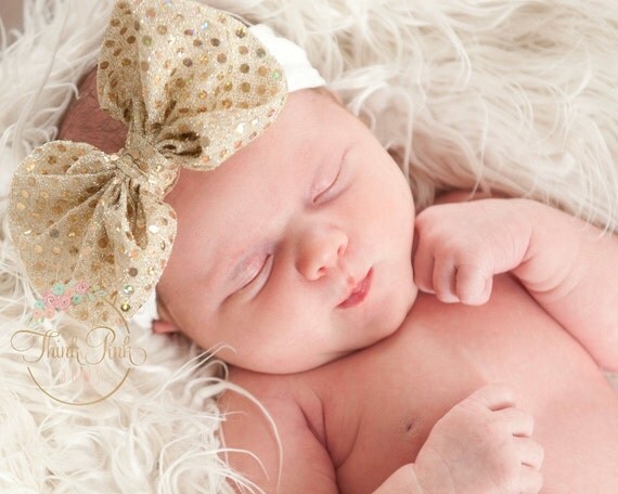 Baby Headbands, Gold sequin Bow Headband, Head wraps, Girls Headband,Gold baby headband,Big Bow Headband,Sequin Bow Headband, headwrap. by ThinkPinkBows