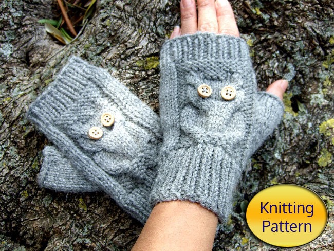 Owl Knit Fingerless Mittens PDF Pattern Owl Cable Knit