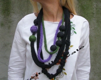 black, green, purple...Hand knit necklace