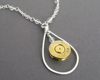 270 Win Necklace, Bullet Necklace in Sterling Silver, 270 Caliber Bullet Casing Necklace with Quartz, Handmade Custom Caliber Necklace