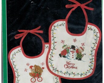 Bucilla Christmas Heirloom Baby Bears embroidery baby bibs