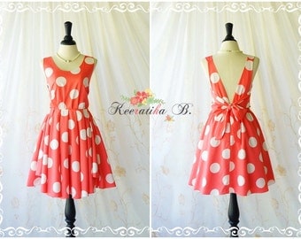 SALE Coral dress polka dot dress coral party dress coral prom dress backless dress coral bridesmaid dresses coral sundress summer dress