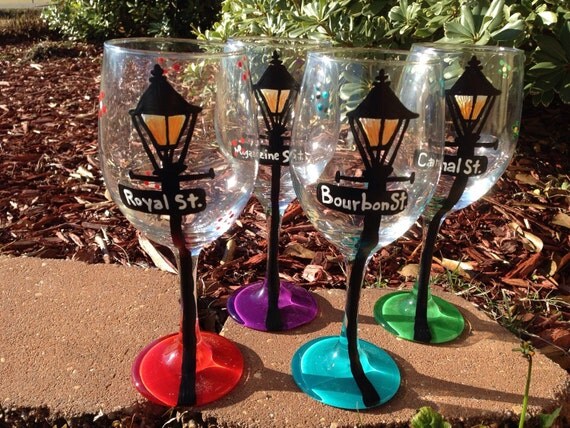 new orleans lamp post street signs Painted Glasses Dishwasher safe Painted Wineglass New Orleans Louisiana