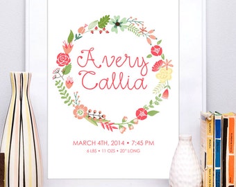 Custom Birth Announcement, Birth Stats Art Print for Girl, New baby Gift, Nursery Gift