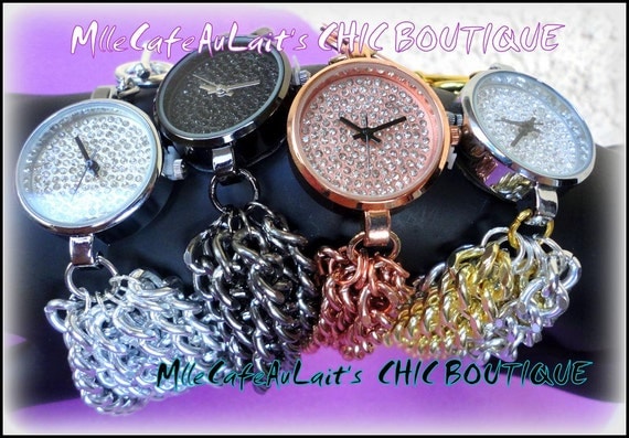 Multi Strand Chain Link Pave Crystal Rhinestone Statement Watch Bracelet-  WATCH-LET #2