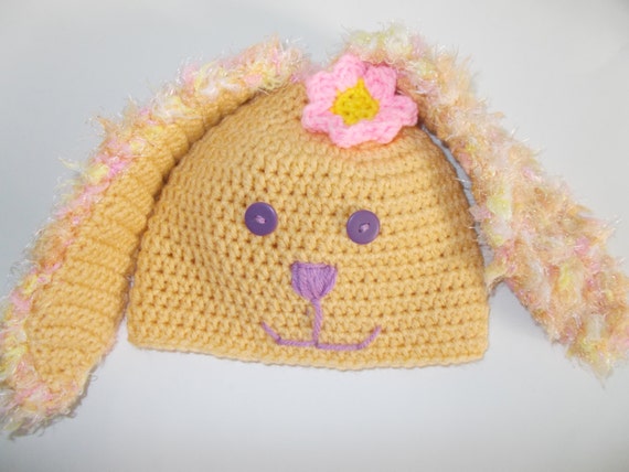 Crochet yellow furry floppy ear bunny rabbit hat for toddler or small child Easter photo prop