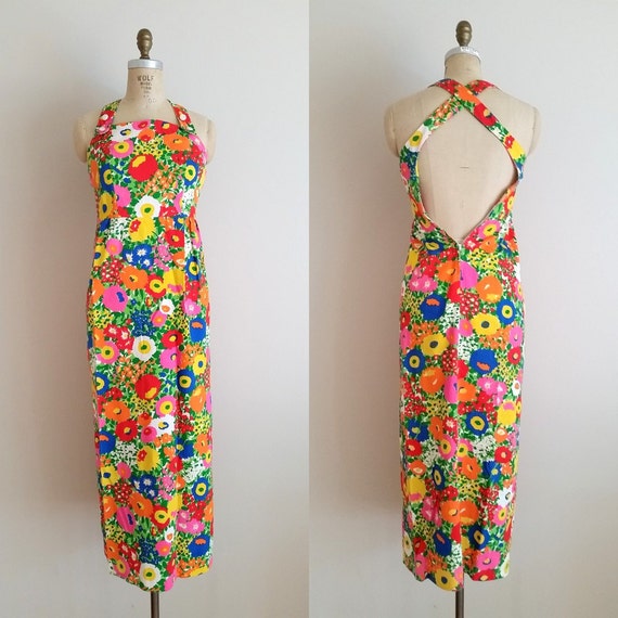 Vintage 1960s Maxi Dress / Bright Florals / XXS / Junior Maxi