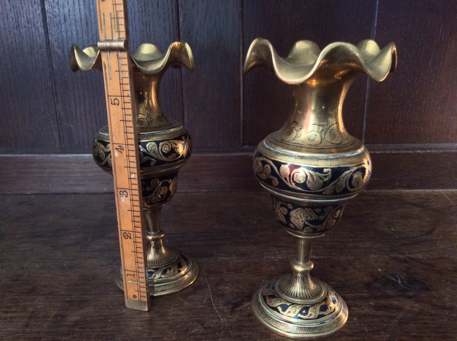 Vintage English Heavy Fluted Brass Vases Set of 2 by