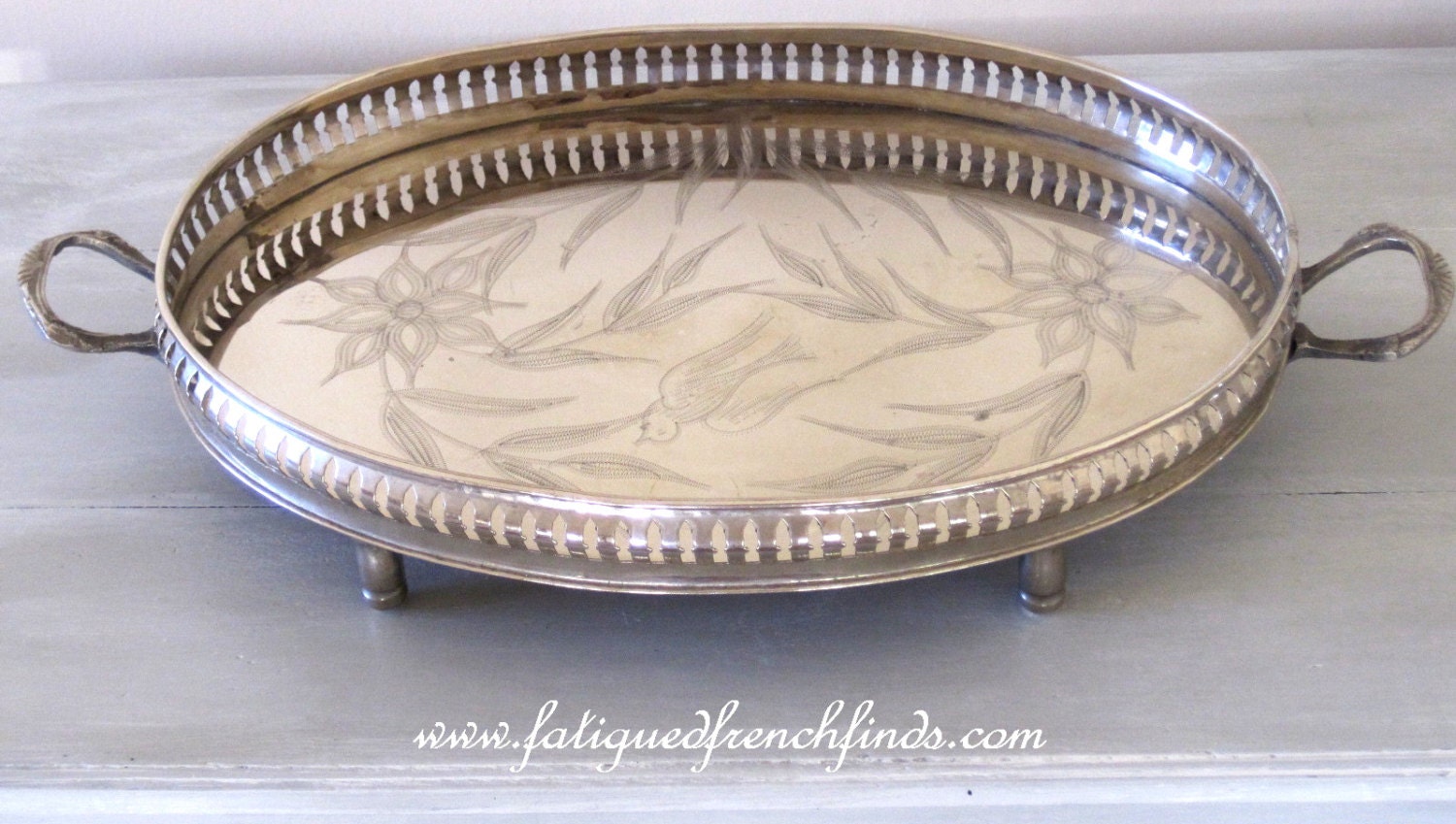 Antique French 2 Handled Silver Plate Serving Tray Engraved Surface
