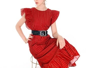 Vintage Marimekko Apron Dress Red Orange Striped Cotton Jumper Tent Dress 1960s M L 42/14