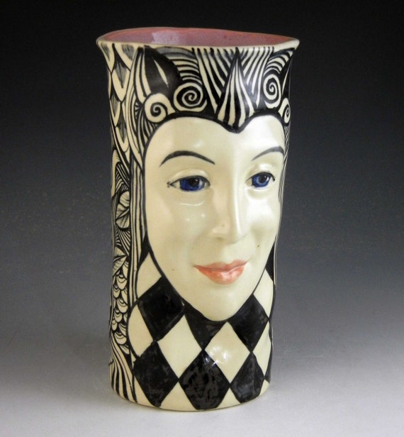 Face vase ceramic black and white harlequin hand by PSPorcelain
