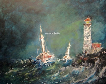 Print of Original Seascape Painting, nautical painting, sailboat painting, landscape painting, lighthouse painting, ocean painting