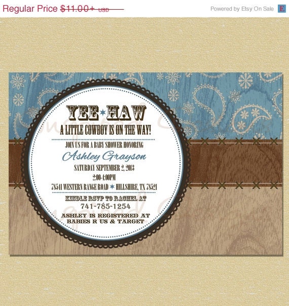 ON SALE Blue Vintage Western Baby Shower/Birthday Invitation Il_570xn
