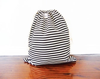 Large Drawstring Bag / Library Bag / Laundry Bag - Black and White Stripe