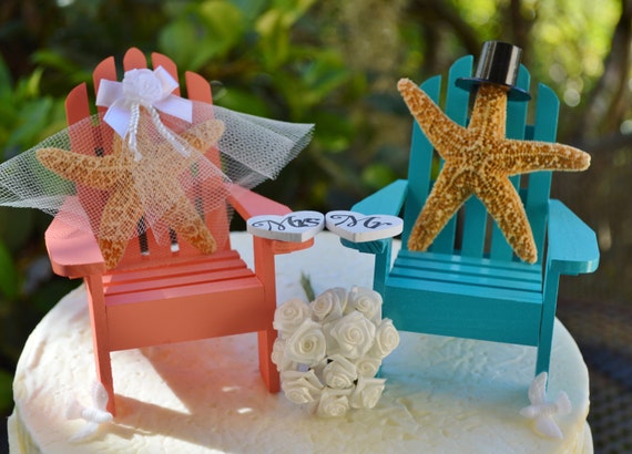 Wedding Cake Topper Coral and Aqua by BeachCottageBoutique