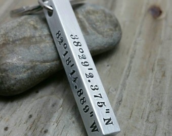 Coordinates Keychain - Bar Keychain - Latitude Longitude Keychain - Stamped Keychain - GPS Coordinates - Aluminum Bar Keychain