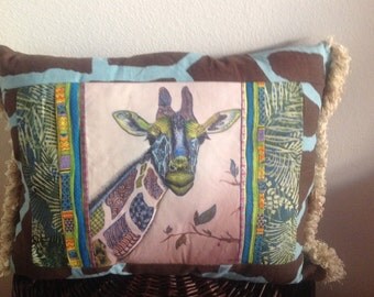 Retro Giraffe - Colorful Art Transfer - One of a Kind - Giraffe - Quilted - Teal - Batik - Decorative Pillow
