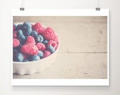 food photography, raspberry, blueberry, fruit photograph, kitchen wall art, red, white, blue, rustic, color photography, still life photo