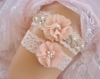 Vintage Bridal Garter Set, Wedding Garter Set, Bridal Garter Set, Lace Garter Set, Toss Garter included Ivory with Rhinestones and Pearls