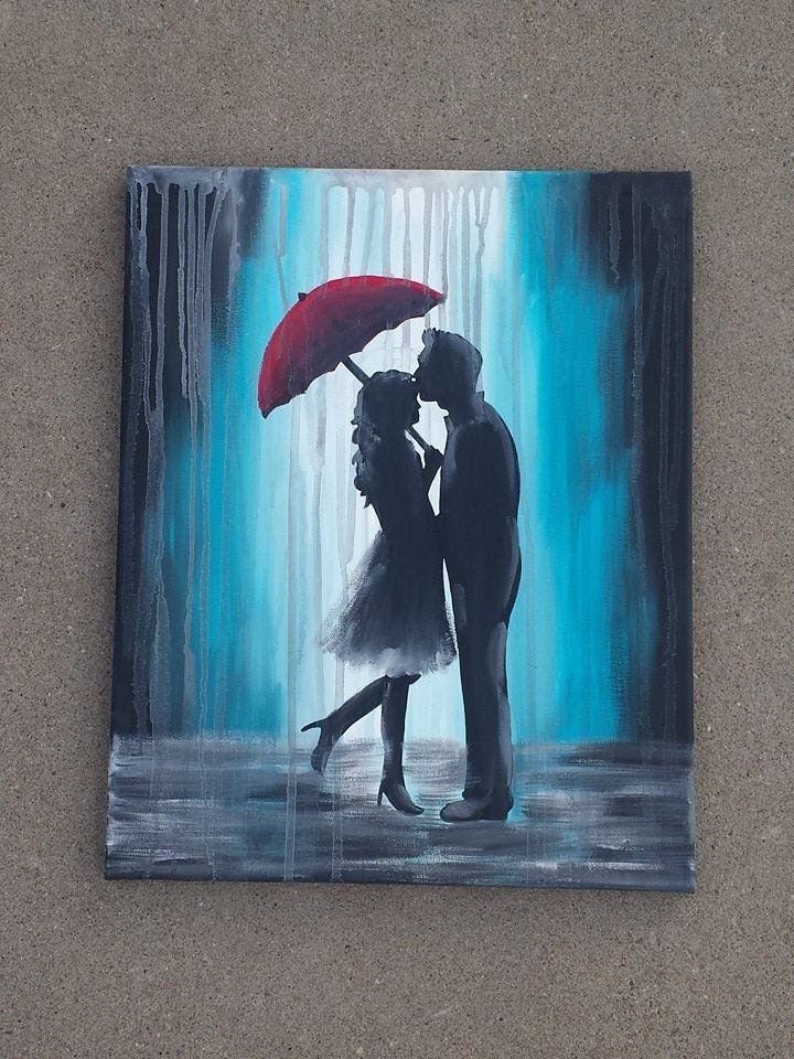 couple under red umbrella in the rain by vintagearthero on Etsy