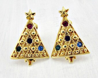 Vintage Christmas Tree Earrings, Colorful Rhinestone Earrings, Gold Clip Earrings, 1950s 60s Holiday Costume Jewelry, Gift for Mom Grandma