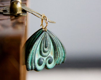 Verdigris Flourish Earrings Patina Ornament Drop Earrings Rustic Green Jewelry - E273