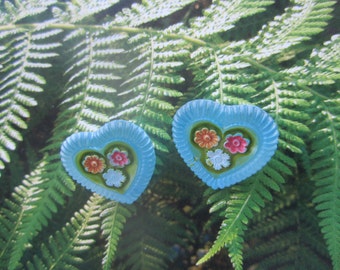 Blue Foral Czech Glass Heart Buttons 1Pcs.