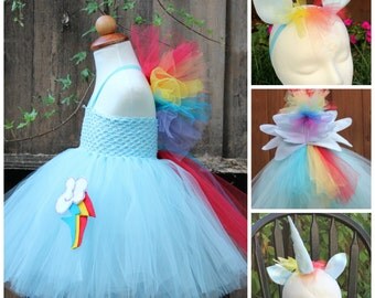 My little pony Rainbow Dash Costume -Rainbow Dash 4 item Costume - Rainbow Dash dress - Horn, Wings