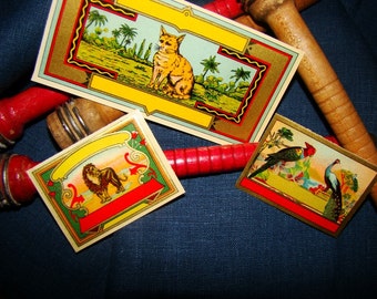 3 Incredible Antique Dye Textile Labels Gilded Lithographs Birds Cat Lion