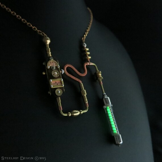 Tritium green steampunk pendant Glow in the dark by steelhipdesign