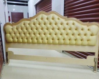 LEMON MERINGUE THANG / Stunning Wood King French Provincial Entirely Tufted Yellow Silk Headboard / Hollywood Regency