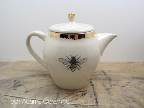 Honey Bee White & Gold Porcelain Teapot-Wedding Gift, Gift for Mom