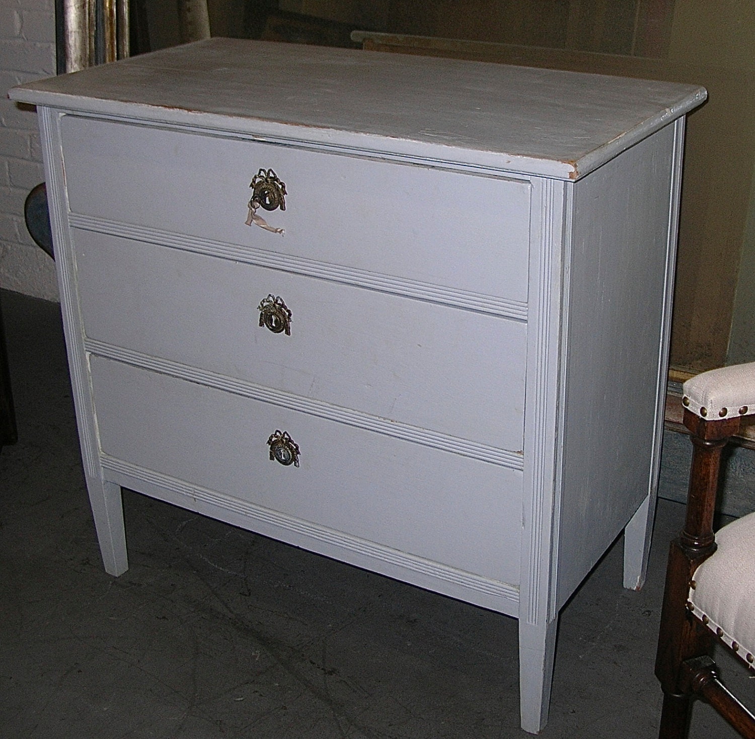 Antique Petite French 3Drawer Wood Dresser in Gustavian Grey