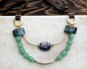 Grey Botswana Agate and green avent urine gemstone leather cord Casual ...