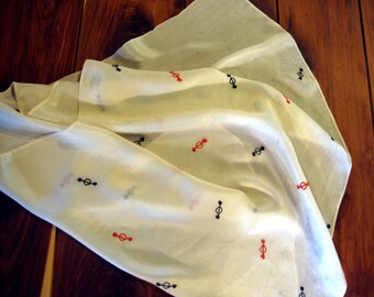 Creamy silk scarf off white with black and red hand embroidered designs
