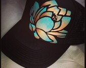 Black trucker with goldy/turqoise ombre hand painted lotus
