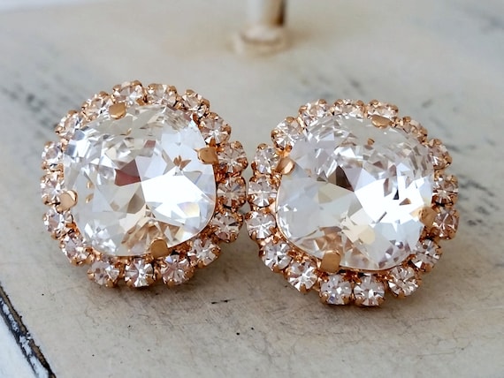 HONEY IRIDESCENT CLEAR CRYSTAL STUD EARRINGS