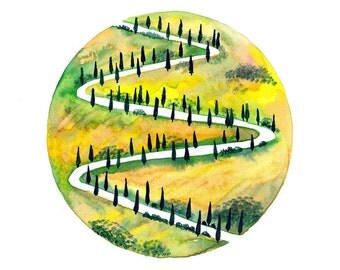 Original Watercolor painting Autumn fall prairie Cypress trees art illustration Village roads