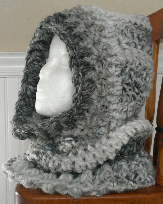 Hooded scarf  Grey hooded crochet Scarf    Cowl Cozy Marble Warmer  In Neck Hooded   Crochet cozy