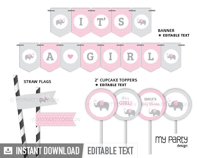 Elephant Baby Shower Party Pack Pink Girl Baby Shower